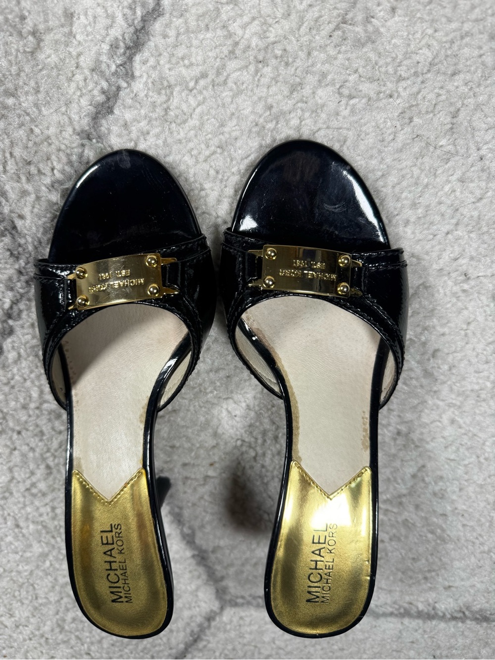 Michael Kors Black Patent Mules with Gold Plate - Picture 2 of 5